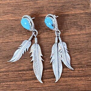 Navajo Sterling Silver and Turquoise Feather Drop Earrings by Running Bear